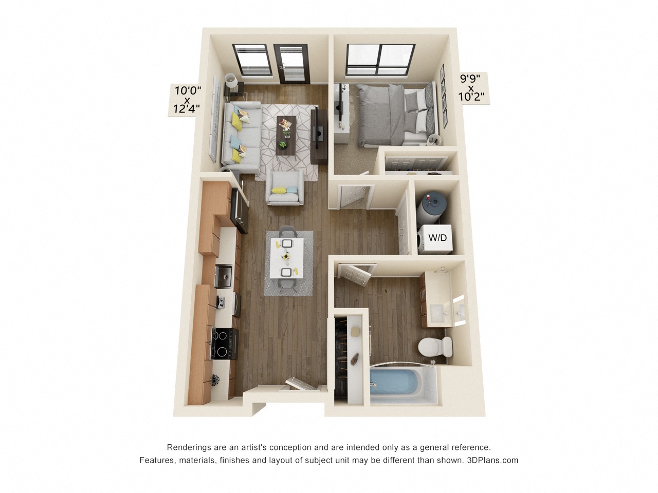 Floor plan for 1 bed, 1 bath, 586 sqft